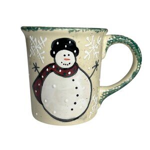 Montgomery Ward Snowman Ceramic Mug Festive Green Handle Winter Design